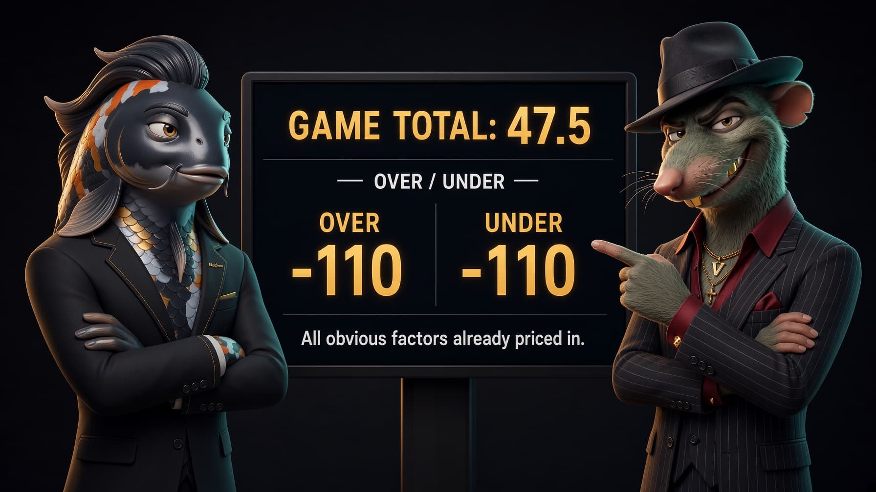 Billy the Koi and Vinny side by side with a game total scoreboard between them