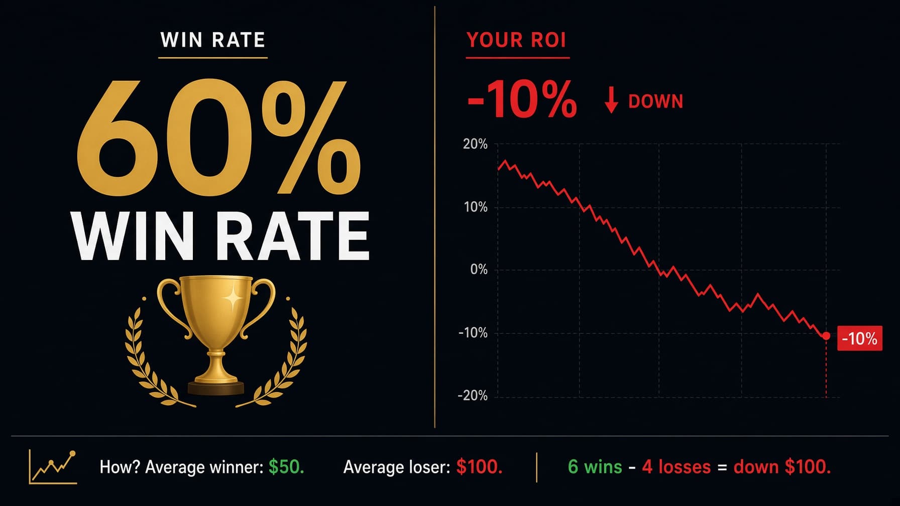 Split dark-mode graphic: left side shows a 60% win rate trophy, right side shows a declining ROI chart. The math doesn't lie.