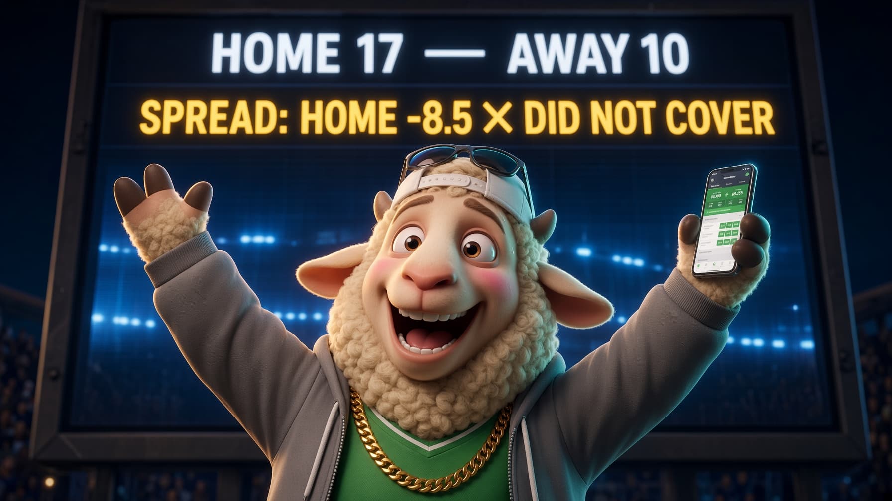 Joe Sheep celebrating a win on his phone while a scoreboard behind him shows his team won but didn't cover the spread