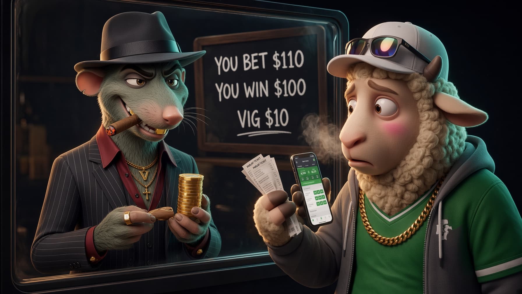 Vinny the Book standing behind a counter with a large chalkboard showing -110 odds and an arrow pointing to the hidden vig cut